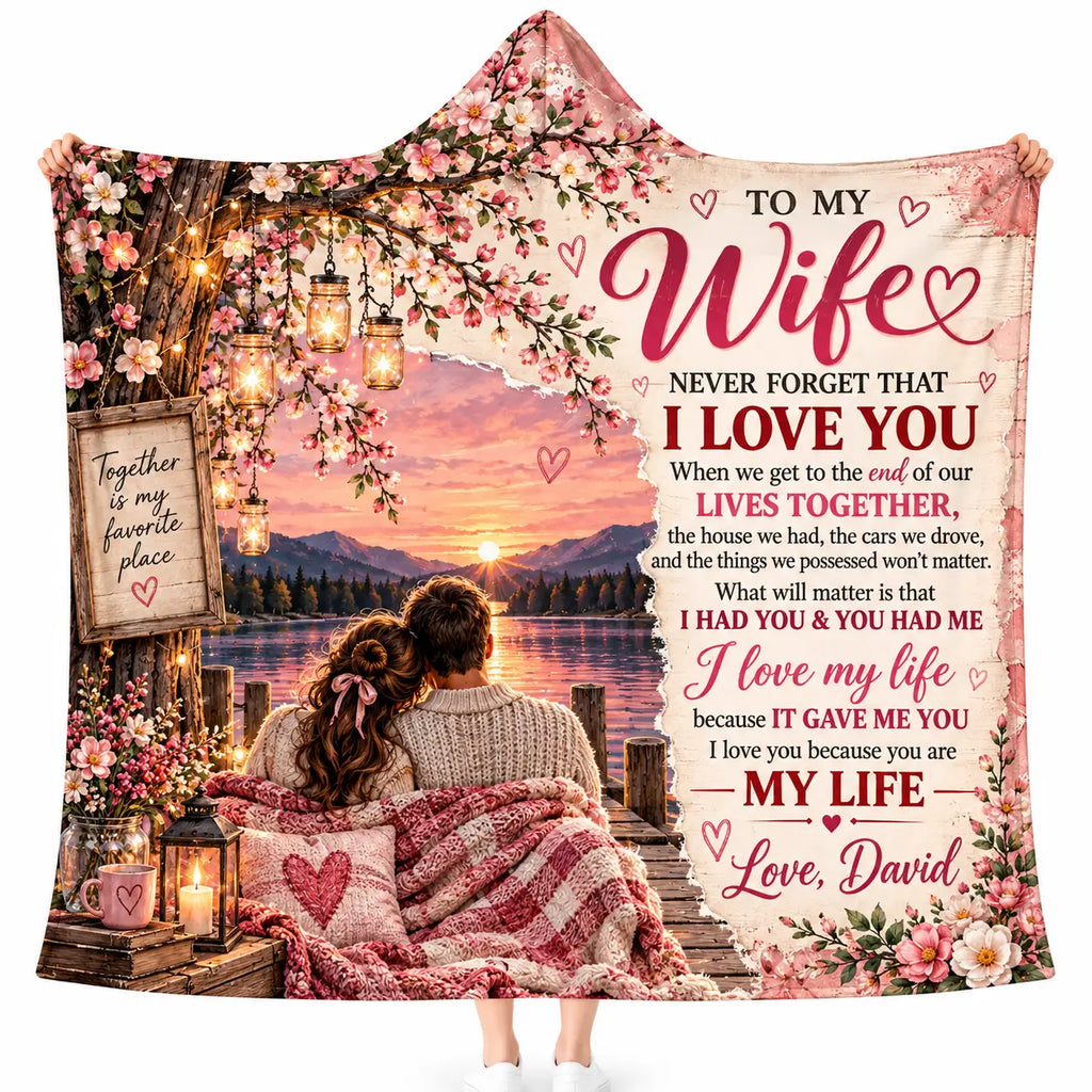 Personalized To My Wife Hooded Blanket, Romantic Sunset Lake Cherry Blossom Gift