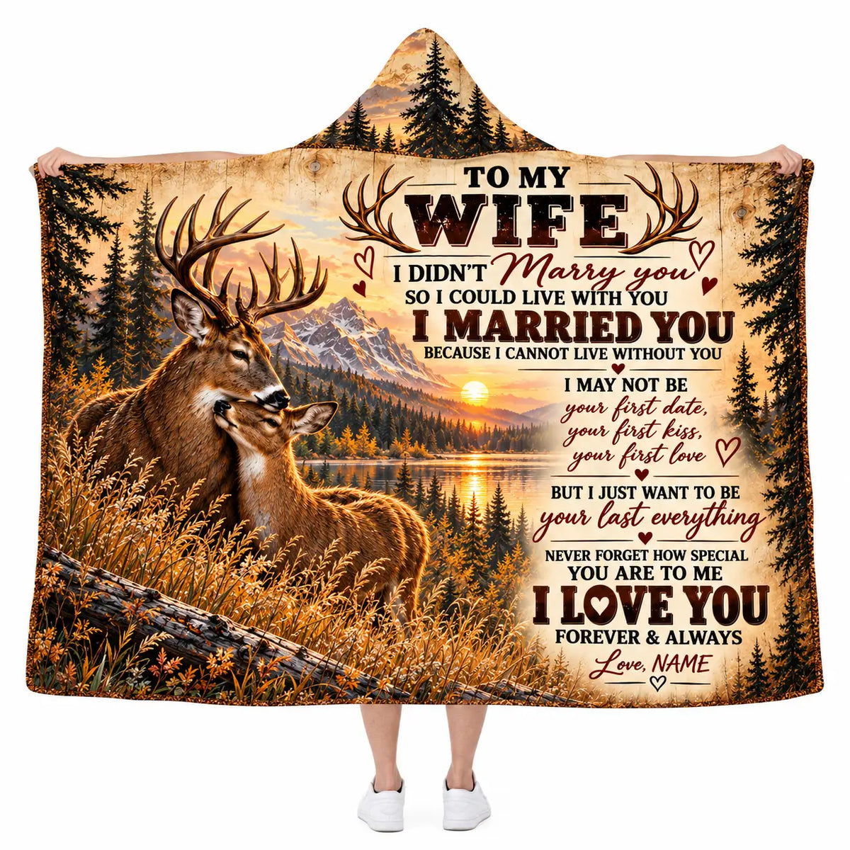 Personalized To My Wife Hooded Blanket, Rustic Deer Mountain Sunset Love Gift