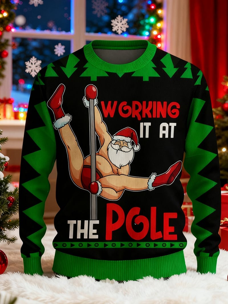 Santa Working It At The Pole Ugly Christmas Sweater  Funny Ugly Xmas Sweaters Gifts For Men