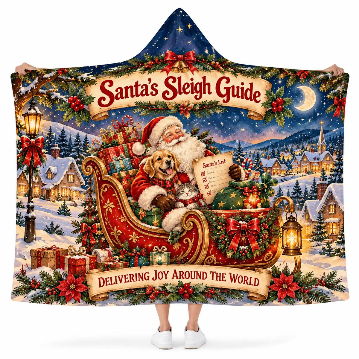 Santa's Sleigh Guide Hooded Blanket - Festive Christmas Dog & Cat Fleece Throw