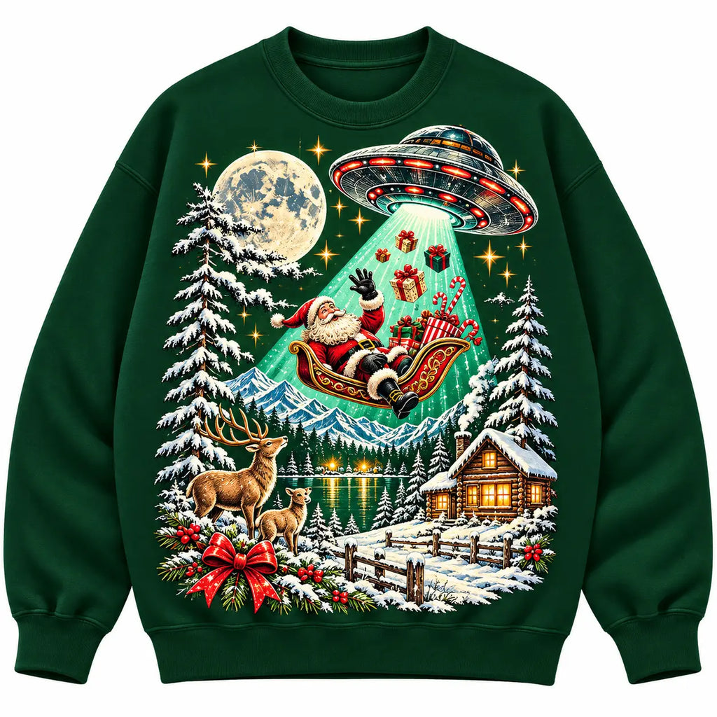 Santa Claus UFO Abduction Sweatshirt Funny Alien Christmas Graphic Pullover