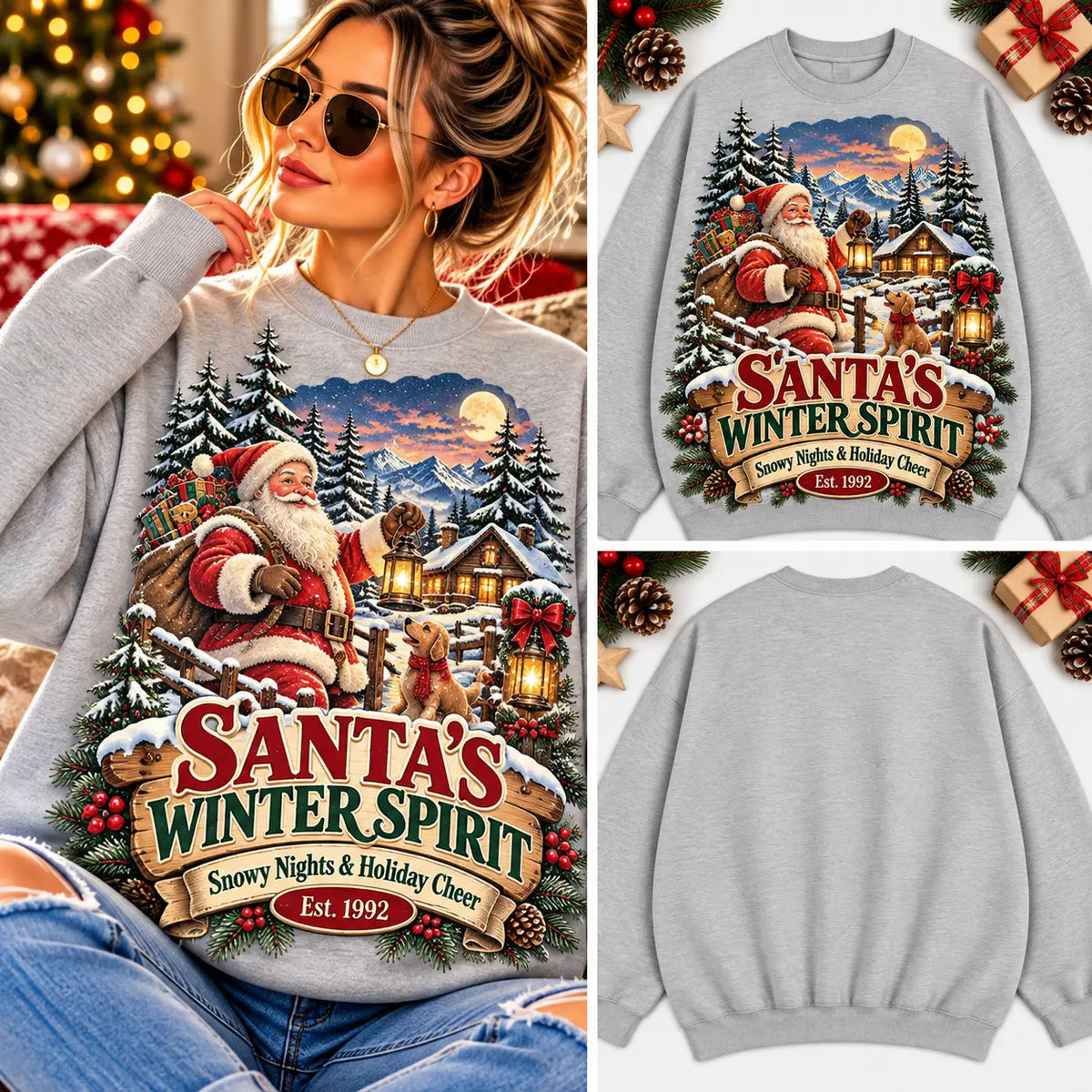 Vintage Santa's Winter Spirit Sweatshirt, Retro Santa Claus Dog Snowy Nights Ugly Sweater