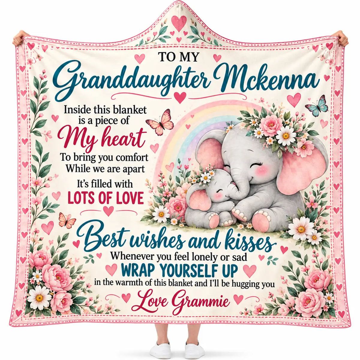 Personalized To My Granddaughter Hooded Blanket - Cute Elephant Floral Fleece Throw Gift from Grandma