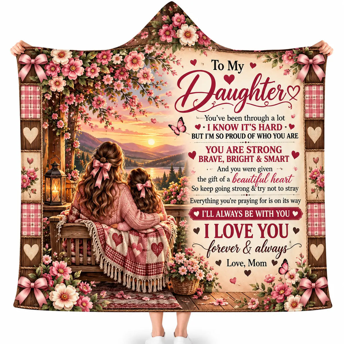 To My Daughter Hooded Blanket, Love Mom Floral Sunset Bench Encouragement Gift