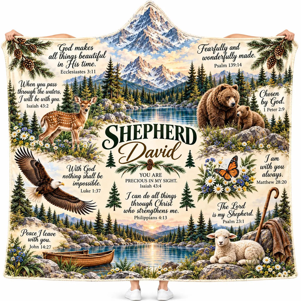 Personalized Christian Shepherd Hooded Blanket, Bible Verses Mountain Wildlife Gift