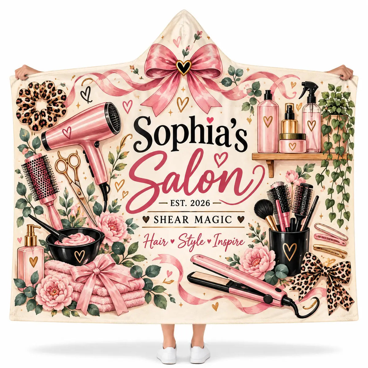 Personalized Hair Stylist Hooded Blanket - Pink Salon Tools Hairdresser Fleece Throw Gift