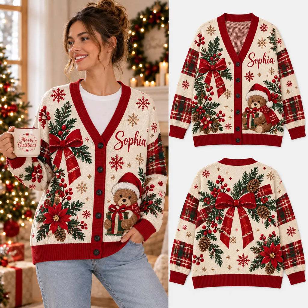 Personalized Name Bows Coquette Christmas Knitted Cardigan, Cozy Winter Outfit Sweater