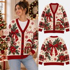 Personalized Name Bows Coquette Christmas Knitted Cardigan, Cozy Winter Outfit Sweater