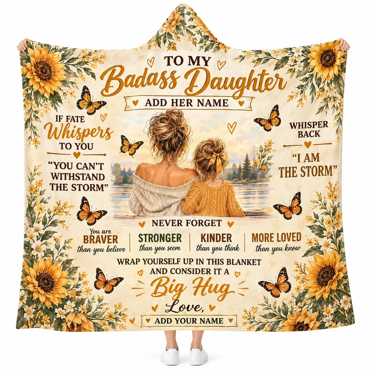 Personalized To My Badass Daughter Hooded Blanket, Sunflower I Am The Storm Gift