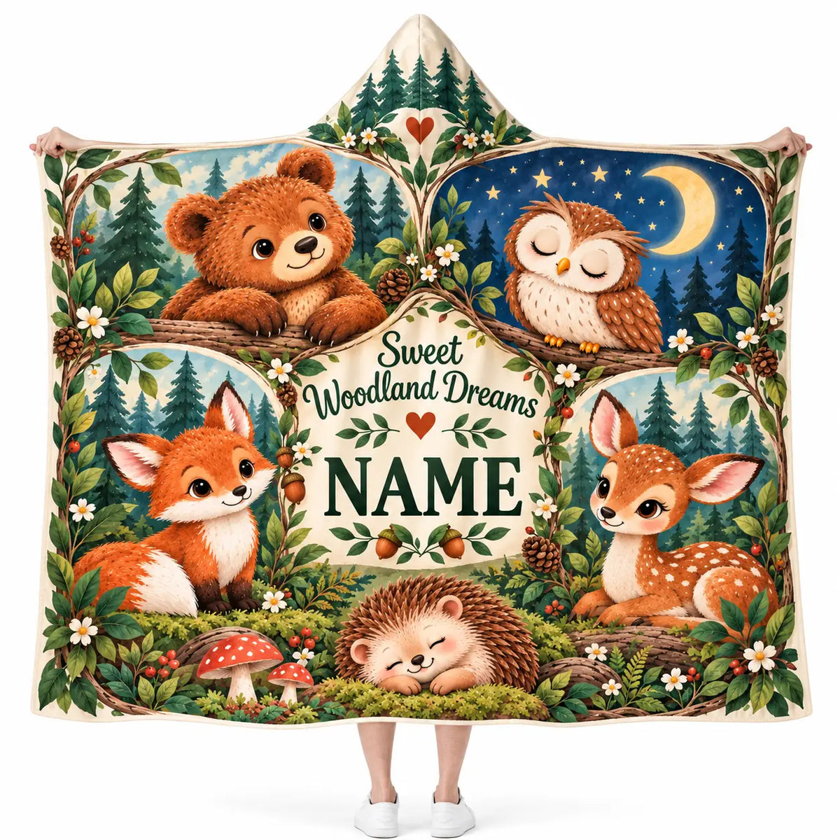 Personalized Sweet Woodland Dreams Hooded Blanket, Cute Forest Animal Baby Gift