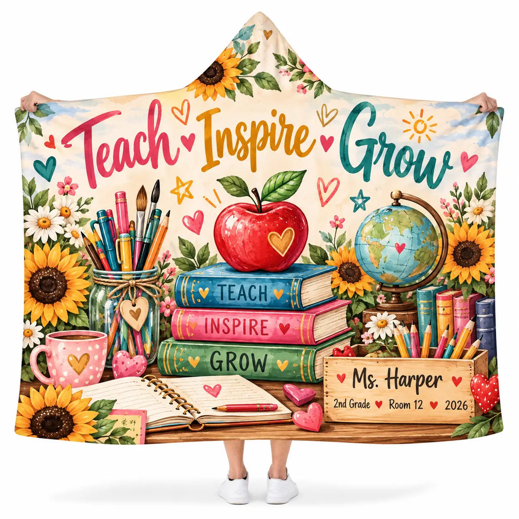 Personalized Teacher Hooded Blanket - Teach Inspire Grow Sunflower Fleece Throw Gift