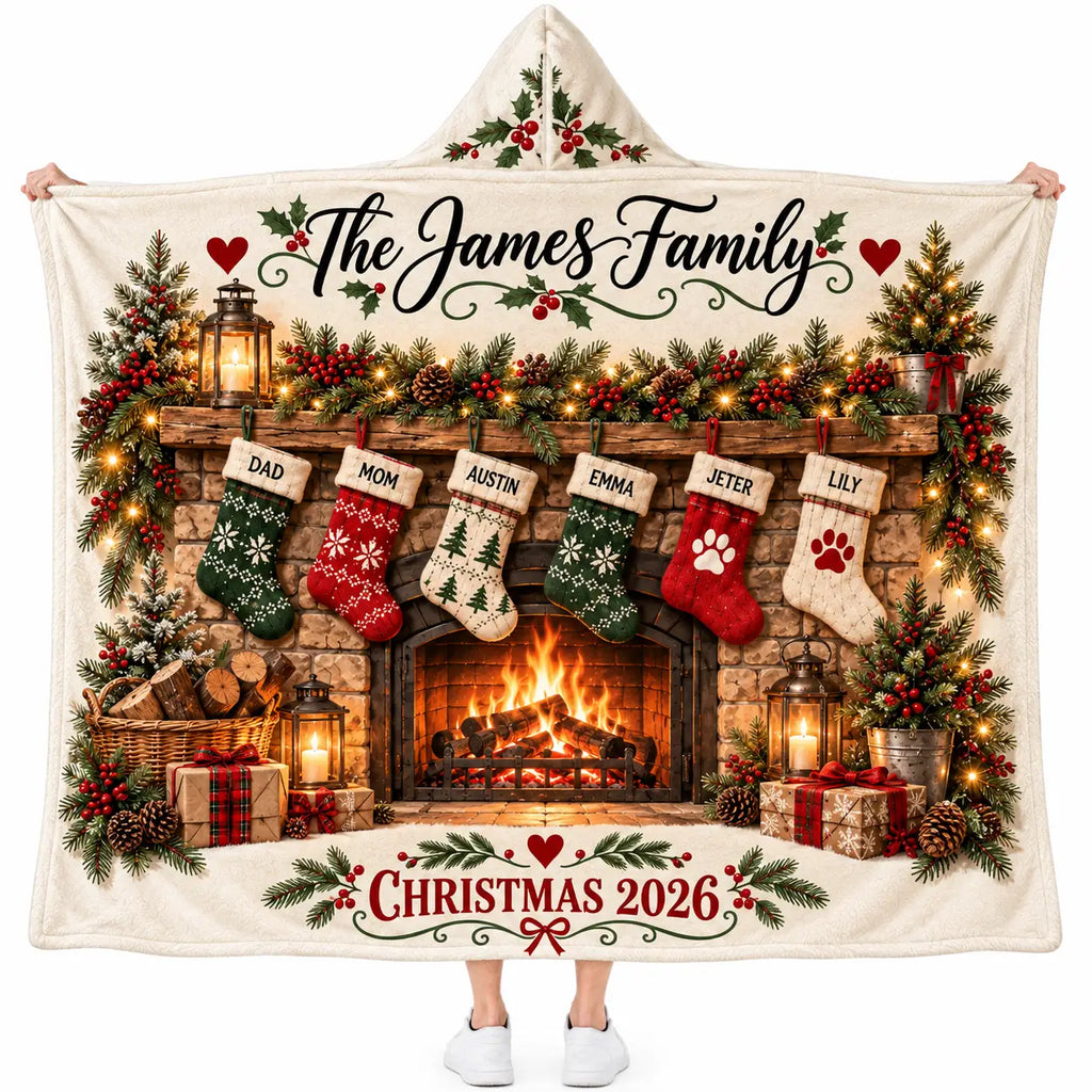 Personalized Family Christmas Hooded Blanket - Fireplace Stockings Fleece Throw Gift