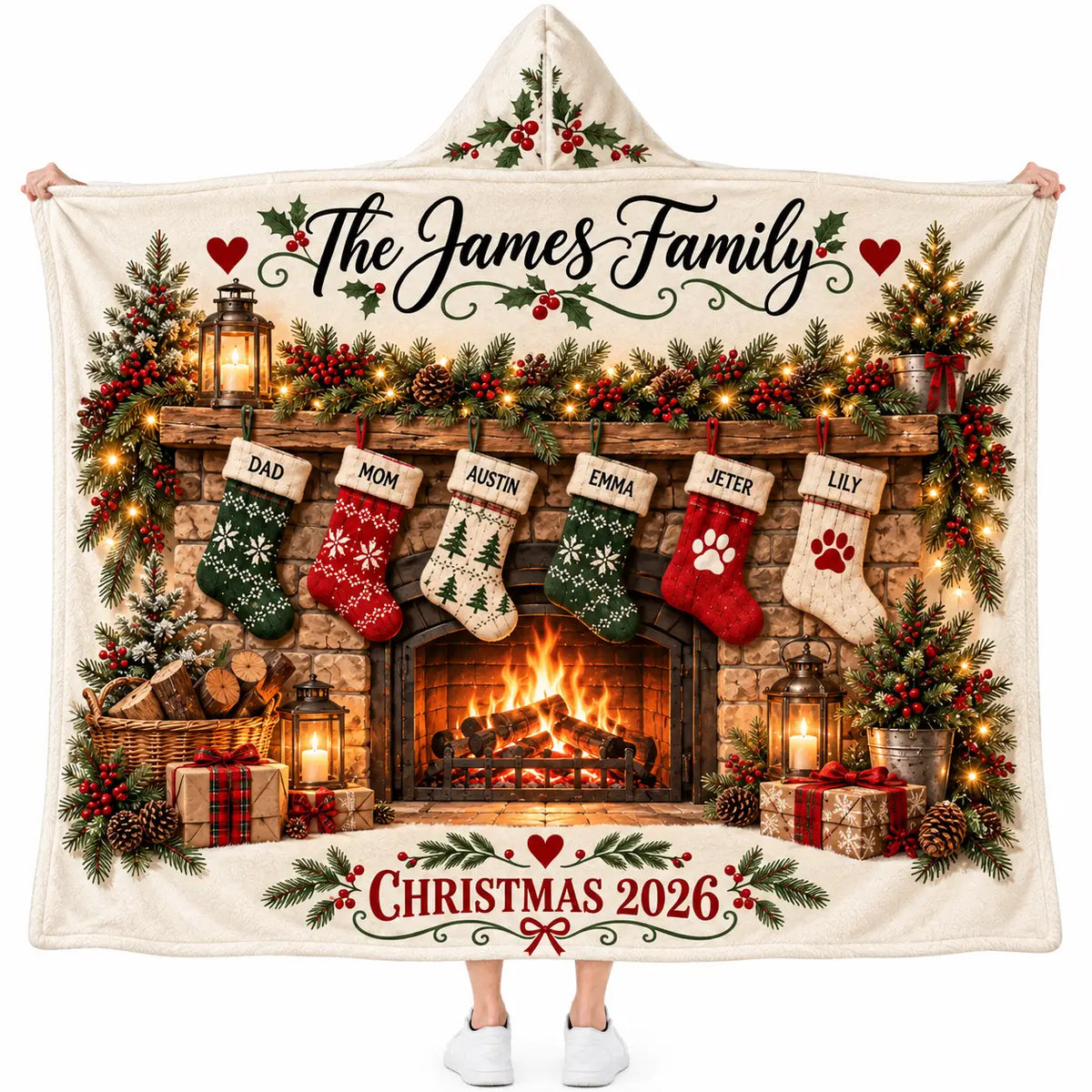 Personalized Family Christmas Hooded Blanket - Fireplace Stockings Fleece Throw Gift