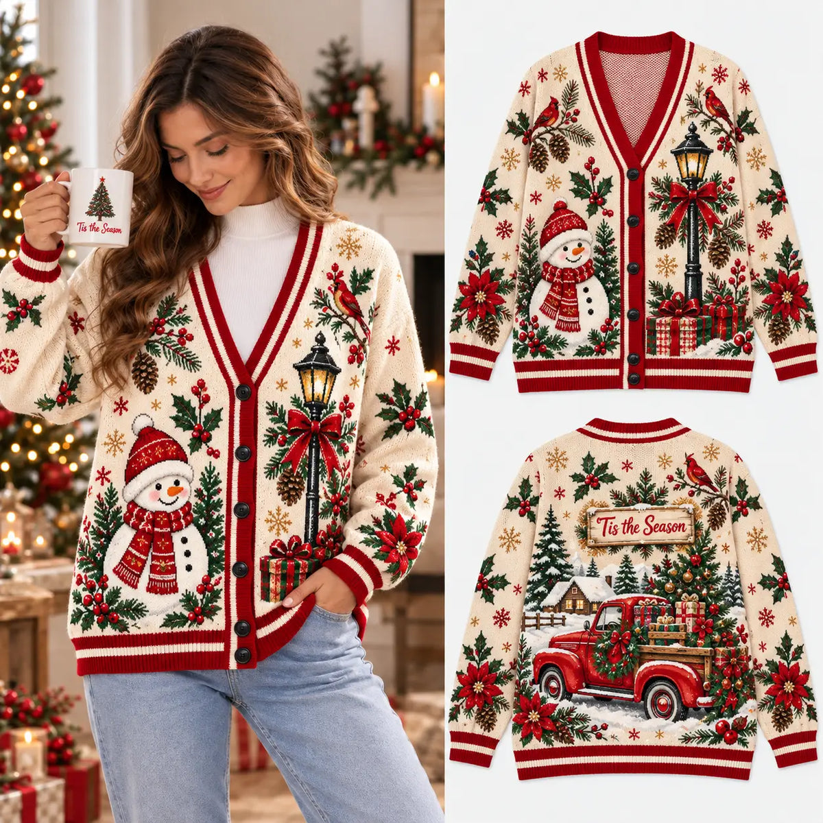 Tis The Season Christmas Knitted Cardigan, Cozy Winter Outfit Sweater