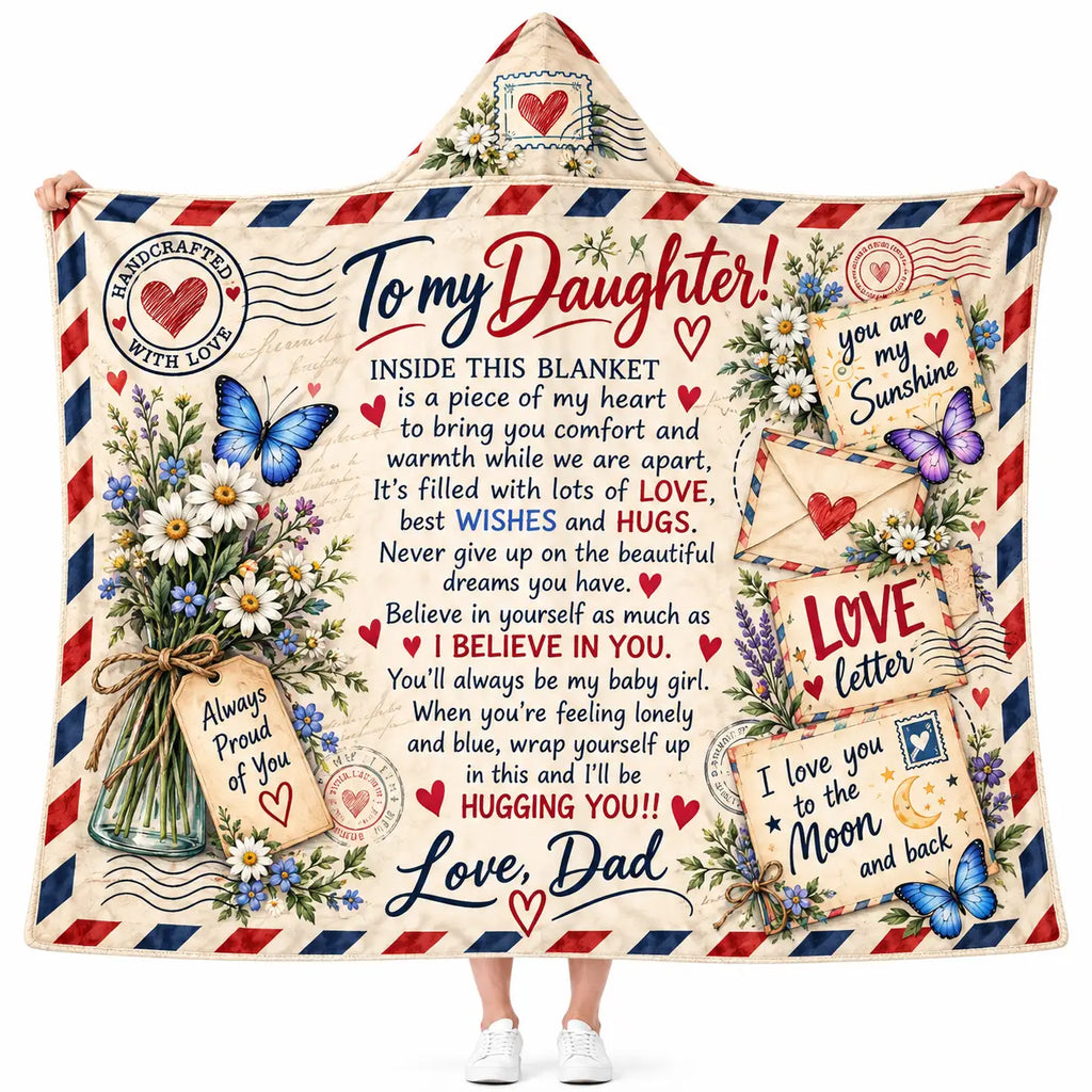 To My Daughter Hooded Blanket, Love Dad Vintage Airmail Floral Keepsake Gift