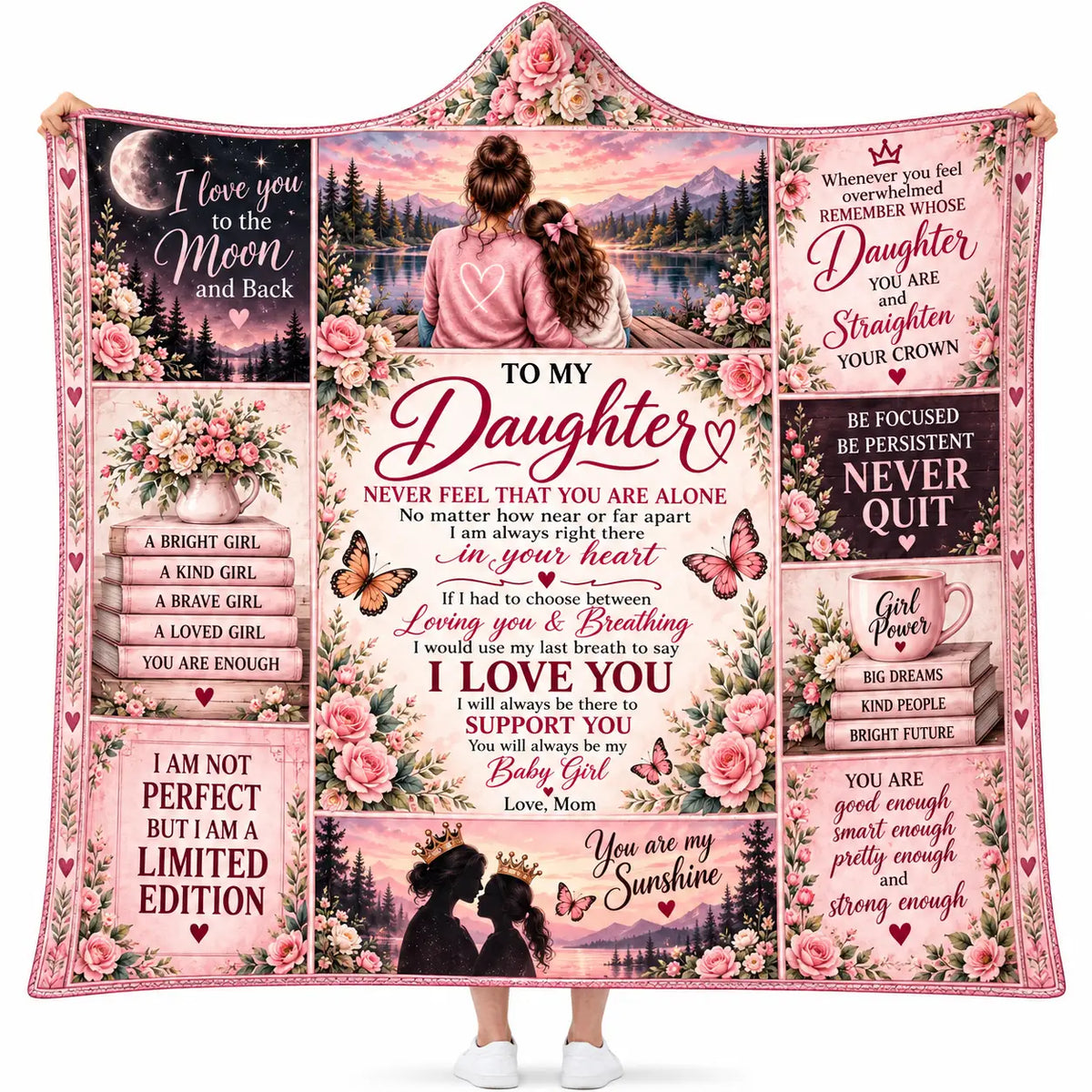 To My Daughter Hooded Blanket - Pink Floral Patchwork Sunset Lake Fleece Throw Gift from Mom