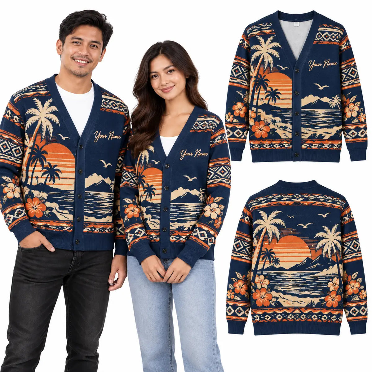 Personalized Couple Name Tropical Sunset Christmas Knitted Cardigan, Cozy Winter Outfit Sweater