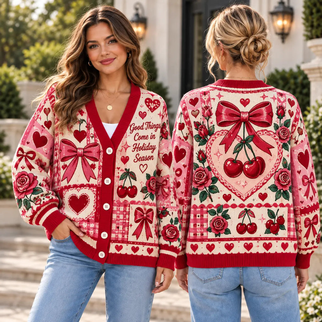 Valentine Knitted Cardigan, Winter Outfit Sweater, Pink Bow Cherry Knit Cardigan