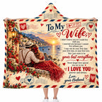 To My Wife Hooded Blanket, Vintage Airmail Love Letter Coastal Sunset Gift