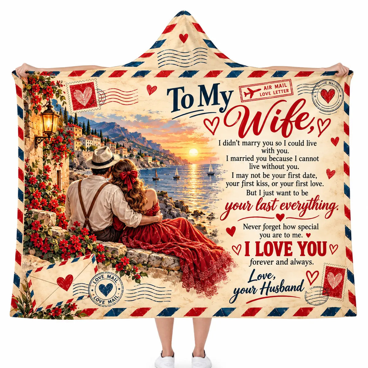 To My Wife Hooded Blanket, Vintage Airmail Love Letter Coastal Sunset Gift