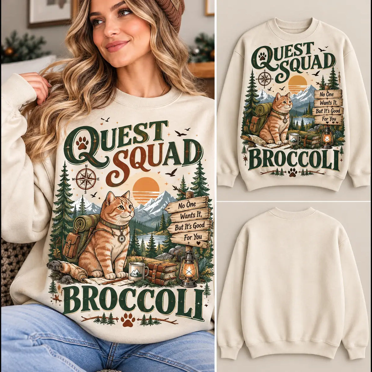 Quest Squad Broccoli Sweatshirt, Funny Vintage Hiking Cat Adventure Sweater