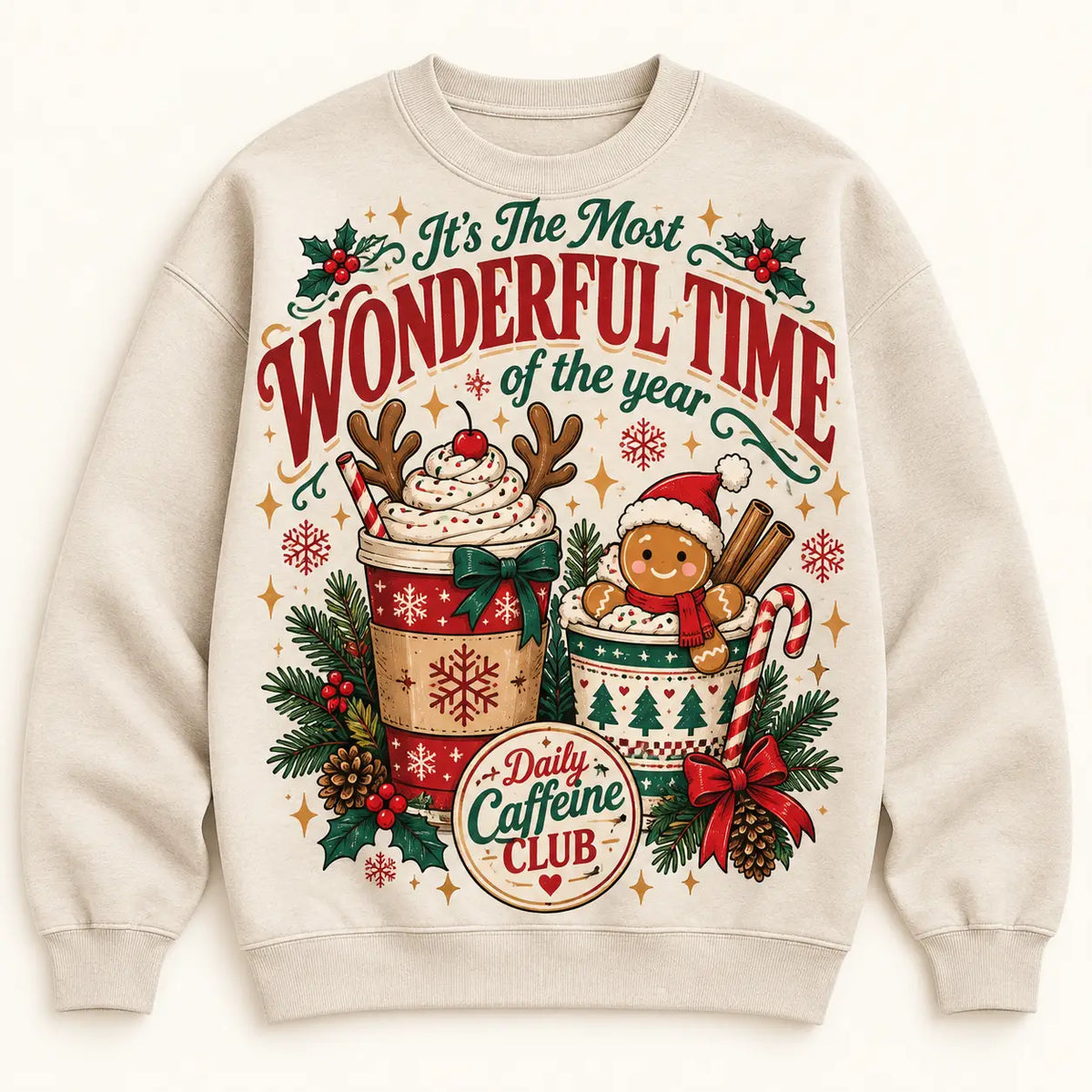 Daily Caffeine Club Christmas Sweatshirt, Funny Gingerbread Coffee Lover Ugly Sweater
