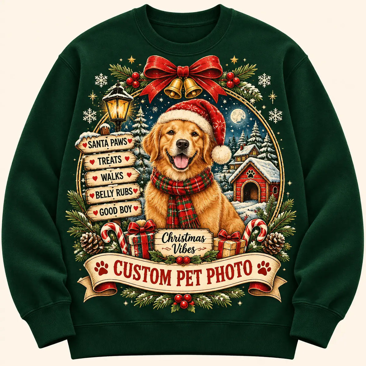 Custom Dog Photo Christmas Sweatshirt, Retro Santa Paws Golden Retriever Ugly Sweater