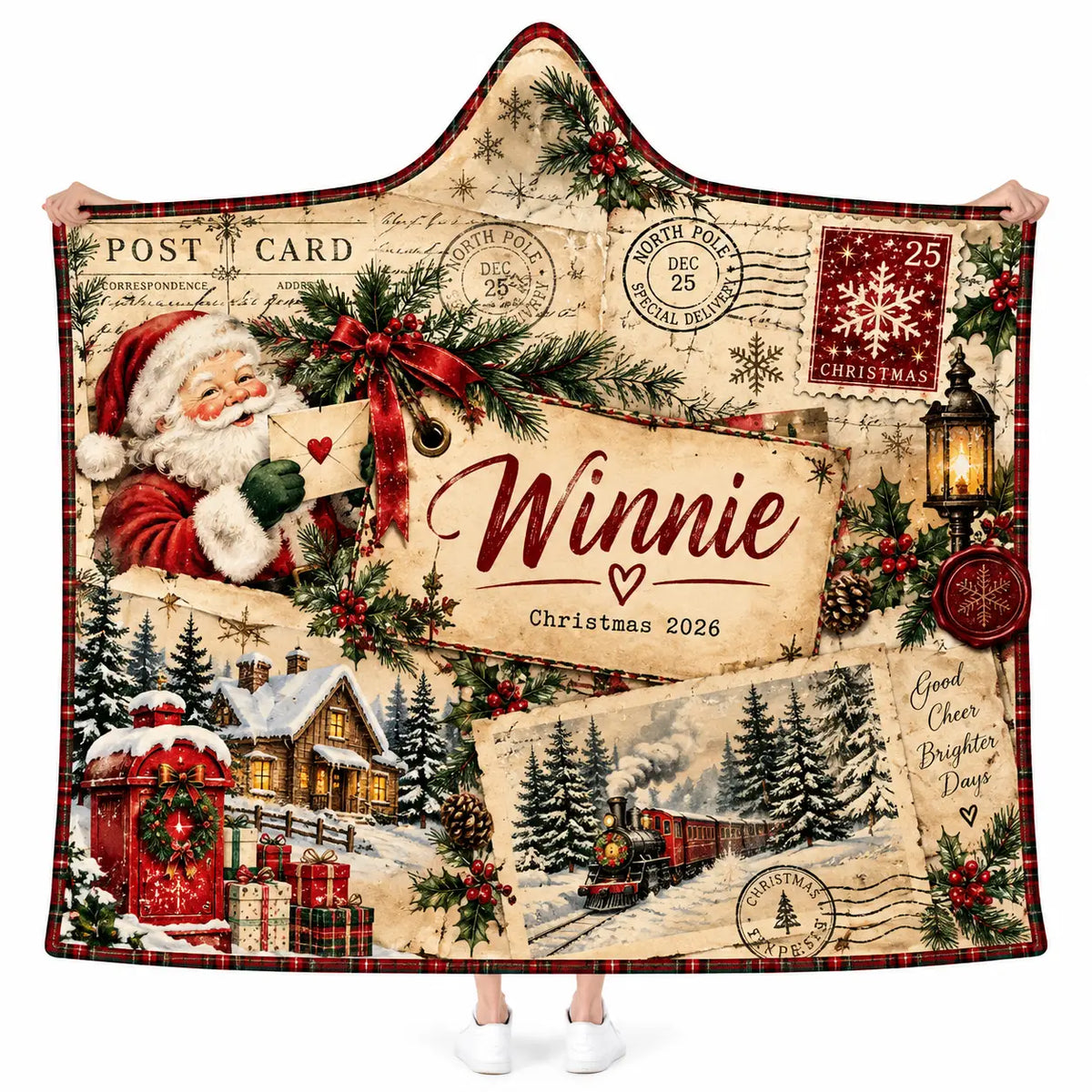 Personalized Vintage Christmas Postcard Hooded Blanket, Custom Santa Train Gift