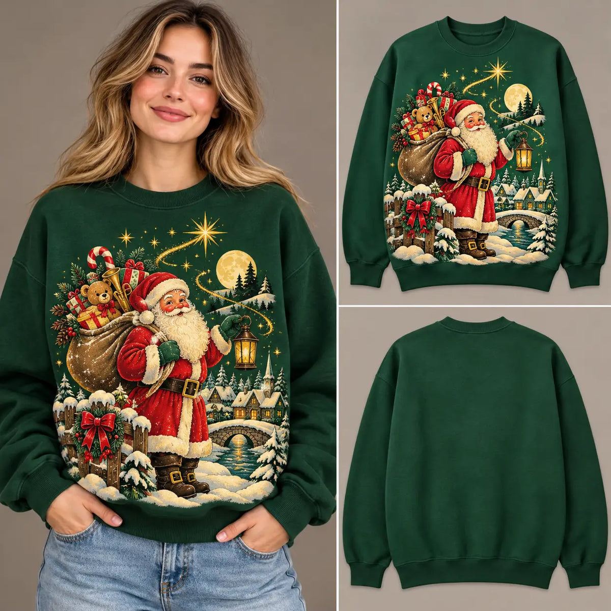 Vintage Santa Claus Christmas Sweatshirt, Retro Lantern Santa Village Ugly Xmas Sweater