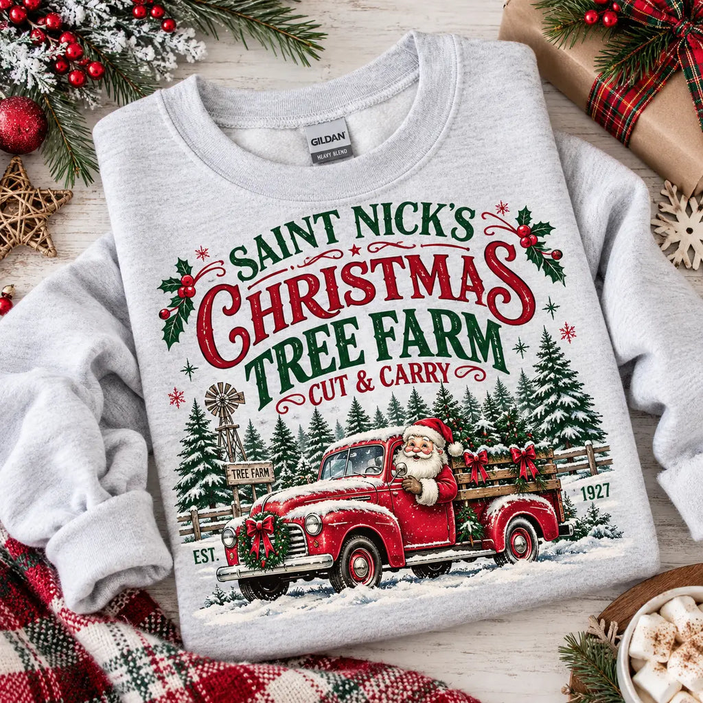 Vintage Santa Christmas Tree Farm Sweatshirt, Winter Sweater Outfit
