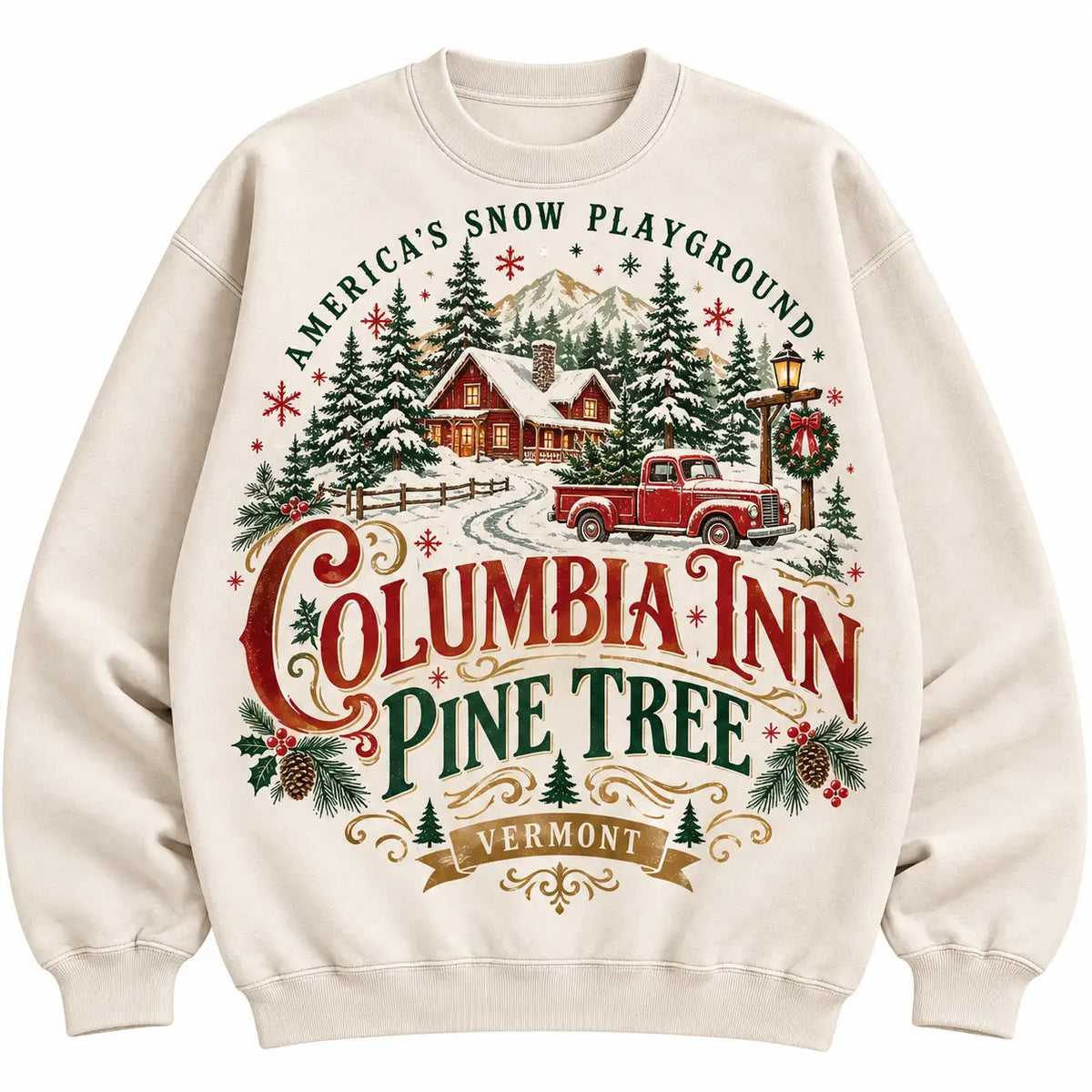Vintage Columbia Inn Pine Tree Vermont Sweatshirt, White Christmas Red Truck Cabin Sweater