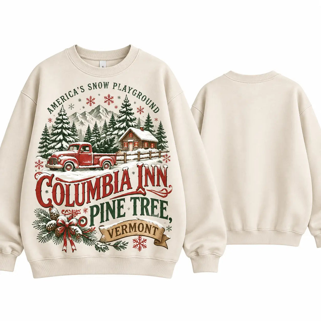 Vintage Columbia Inn Pine Tree Vermont Sweatshirt, White Christmas Red Truck Cabin Sweater