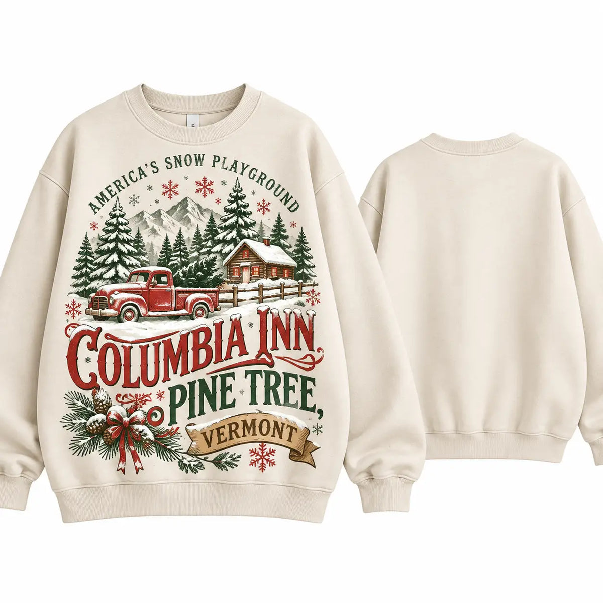 Vintage Columbia Inn Pine Tree Vermont Sweatshirt, White Christmas Red Truck Cabin Sweater