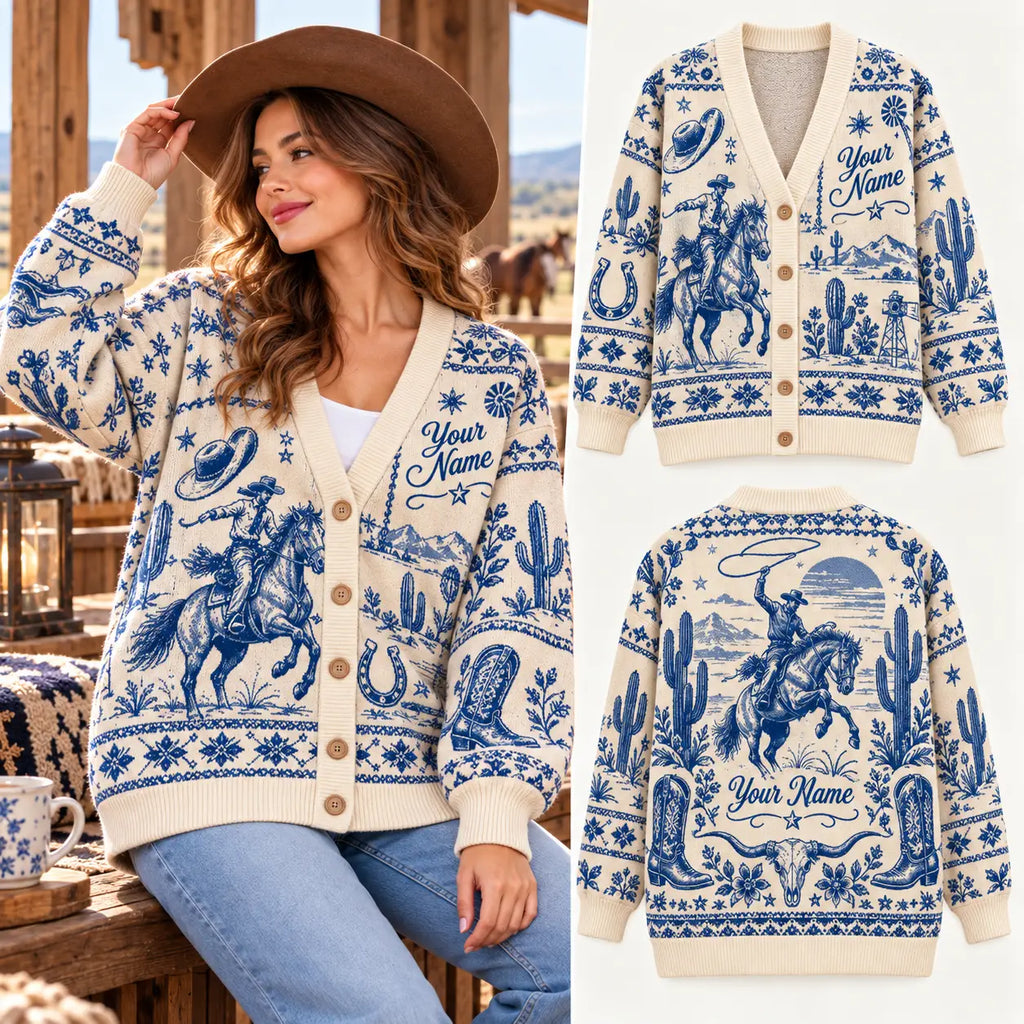 Personalized Western Name Christmas Knitted Cardigan, Cozy Winter Outfit Sweater