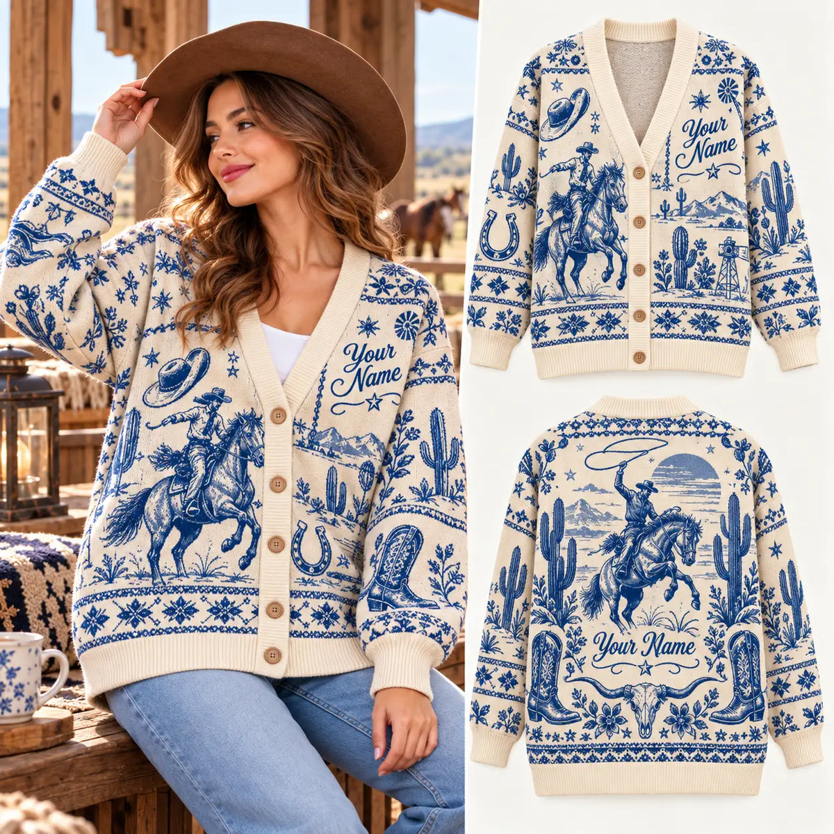 Personalized Western Name Christmas Knitted Cardigan, Cozy Winter Outfit Sweater