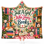 Just A Girl Who Loves Books Hooded Blanket - Floral Bookshelf & Sleeping Cat Wearable Blanket, Bookworm Gift for Women