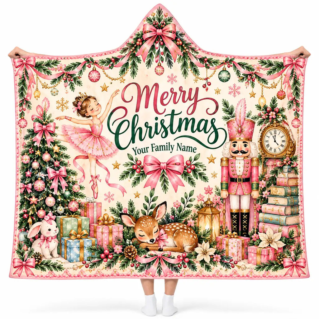 Personalized Pink Nutcracker Christmas Hooded Blanket - Custom Family Name Ballerina & Sleeping Fawn Wearable Blanket, Holiday Gift