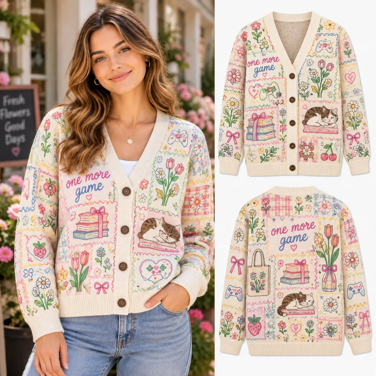 Colorful Floral Book Club Christmas Knitted Cardigan, Cozy Winter Outfit Sweater