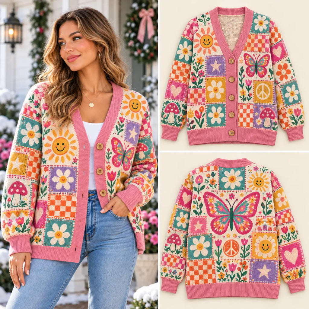 Retro Groovy Butterfly & Smiley Sun Patchwork Knitted Cardigan - Pink Sweater