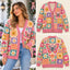 Retro Groovy Butterfly & Smiley Sun Patchwork Knitted Cardigan - Pink Sweater