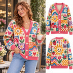 Colorful Floral Christmas Knitted Cardigan, Cozy Winter Outfit Sweater, Retro Patchwork Granny Square Flower