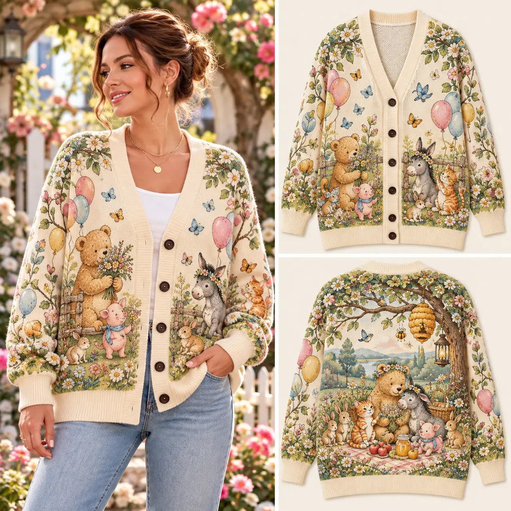 Vintage Storybook Woodland Friends Picnic Knitted Cardigan - Pastel Cream Knitwear