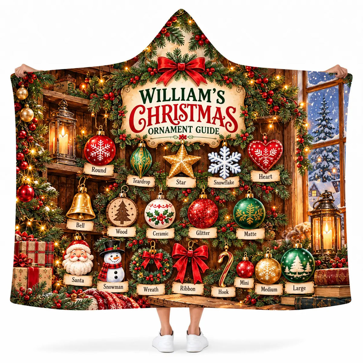 Personalized Christmas Ornament Guide Hooded Blanket - Festive Baubles Holiday Fleece Throw