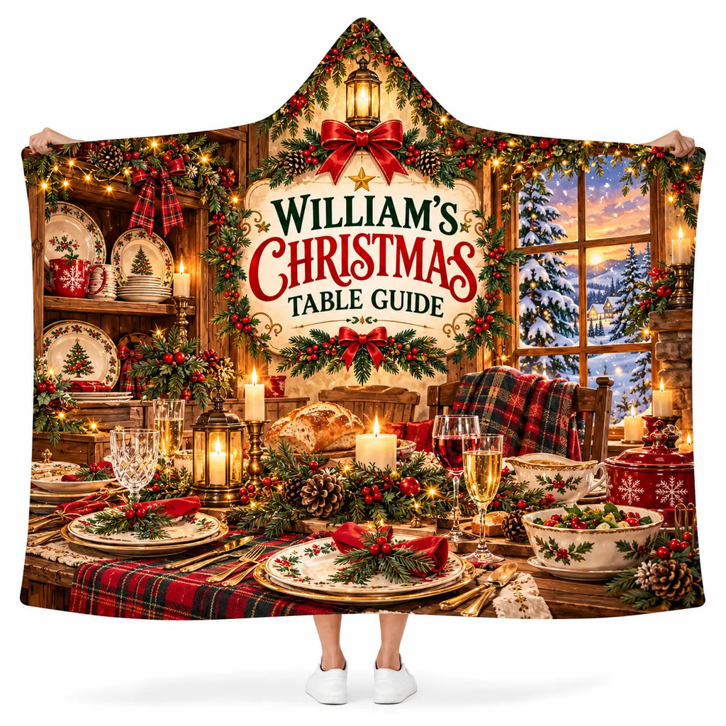 Personalized Christmas Table Guide Hooded Blanket - Holiday Feast Dining Fleece Throw