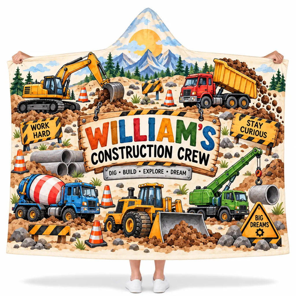 Personalized Construction Truck Hooded Blanket - Kids Excavator & Dump Truck Fleece Throw