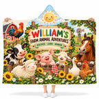 Personalized Kids Farm Animals Hooded Blanket - Cute Barnyard Cow Horse Pig Fleece Blanket Gift