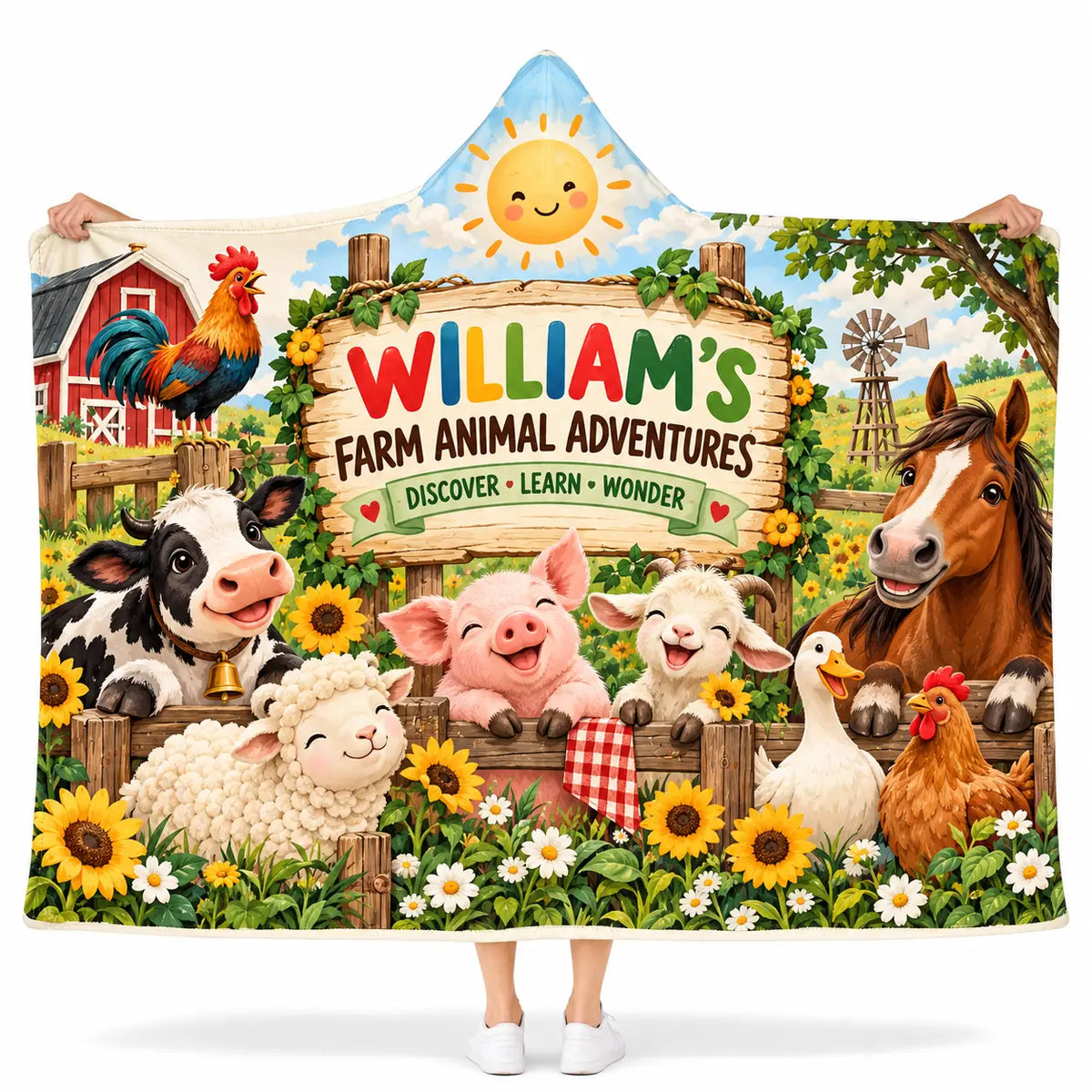 Personalized Kids Farm Animals Hooded Blanket - Cute Barnyard Cow Horse Pig Fleece Blanket Gift