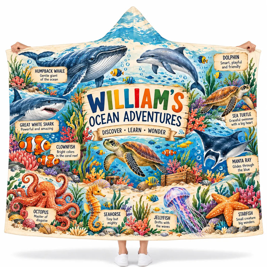 Personalized Kids Ocean Animals Hooded Blanket - Sea Life Whale Shark Turtle Educational Fleece Blanket Gift