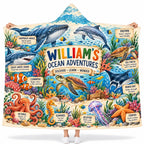 Personalized Kids Ocean Animals Hooded Blanket - Sea Life Whale Shark Turtle Educational Fleece Blanket Gift
