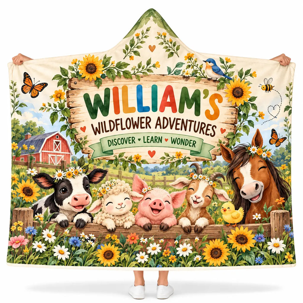 Personalized Kids Wildflower Adventures Hooded Blanket - Cute Farm Animals Floral Fleece Blanket Gift